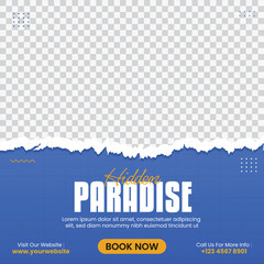 Modern Travel Agency Social Media Post Template, clean and vibrant travel promotion banner design. Travelling agency marketing, tourism ads, summer holiday promotions, and social media campaigns