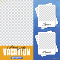 Modern Travel Agency Social Media Post Template, clean and vibrant travel promotion banner design. Travelling agency marketing, tourism ads, summer holiday promotions, and social media campaigns