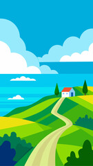 Obraz premium Stylized landscape with a winding road leading to a white house on a hill