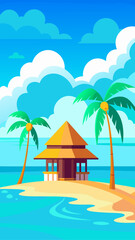 Tropical beach bungalow with palm trees and ocean view