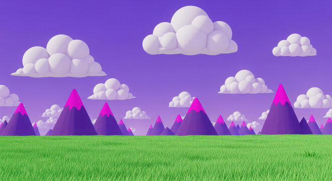Dreamy purple fantasy landscape with fluffy clouds and vibrant green rolling hills