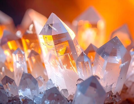 Close-up of translucent crystals with warm orange light