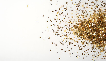 Gold confetti falling on white background creates festive and celebratory atmosphere, perfect for various occasions