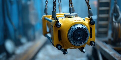 maintenance technical repair optimization concept. Camera hanging in an industrial setting with a blue background.