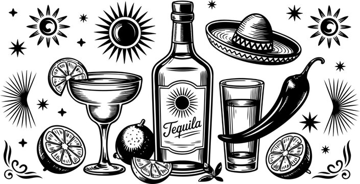 Black and white illustration of tequila bottle, margarita, sombrero, and other Mexican elements.