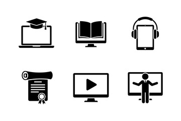 Black and white online education icon set