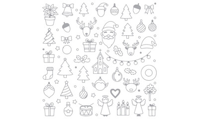 Christmas Vector Elements collection featuring festive icons such as Santa, reindeer, snowman, trees, gifts, and ornaments. Perfect for holiday cards, posters, invitations, and seasonal design project