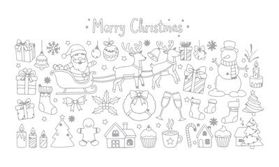 Christmas Vector Elements collection featuring festive icons such as Santa, reindeer, snowman, trees, gifts, and ornaments. Perfect for holiday cards, posters, invitations, and seasonal design project