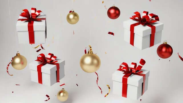 minimalist christmas gift boxes floating in air, red ribbons, golden baubles, festive confetti explosion, clean white background