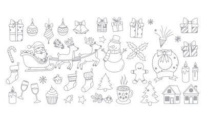 Christmas Vector Elements collection featuring festive icons such as Santa, reindeer, snowman, trees, gifts, and ornaments. Perfect for holiday cards, posters, invitations, and seasonal design project