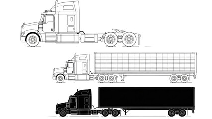 Semi-Truck Technical Illustrations — Tractor, Full Truck with Trailer, and Silhouette in Monochrome Vector Style