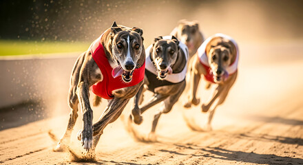 Four greyhounds racing on a dirt track wearing red and white vests