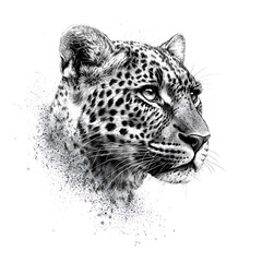 Leopard head in profile, detailed line drawing, showcasing intricate spots and expressive features, evokes sense of wild beauty and elegance