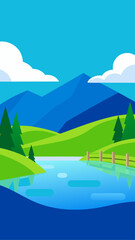 Obraz premium Vibrant flat design landscape with mountains lake and trees