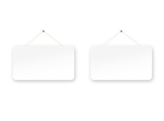 White round shop door signs hanging isolated on transparent background. Empty or blank sign for store, restaurant or cafe. Vector