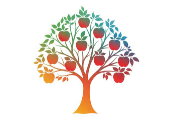 Obraz premium Vibrant stylized apple tree with colorful gradient fruits and leaves on a white background