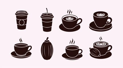 Collection of coffee icons. Includes coffee cup, tea, cocoa, and latte. Vector graphic.