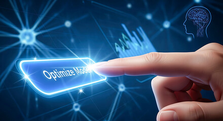 Fototapeta premium Finger pressing blue button optimize model with brain graphic