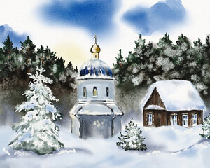 Hand-painted watercolor winter landscape with church and snow