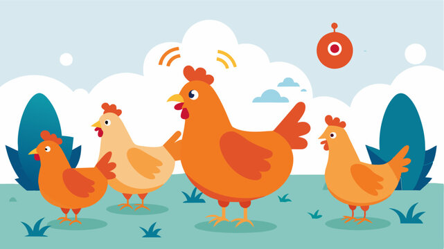 A group of chickens wearing automated tracking tags is seen roaming freely in a designated area their movements being tracked to prevent overcrowding and ensure optimum conditions. Vector illustration