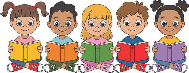 Children reading books illustration, diverse cartoon kids, literacy and education concept, colorful classroom visual, inclusive learning scene, joyful study moment