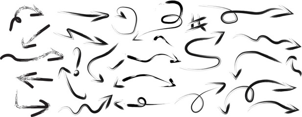 Hand Drawn Brush Stroke Arrows Directional Elements on White Background