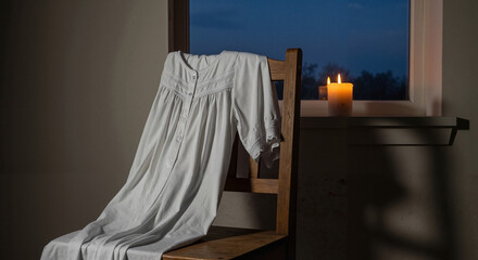 White nightgown draped over wooden chair with candle in pre-dawn stillness  
