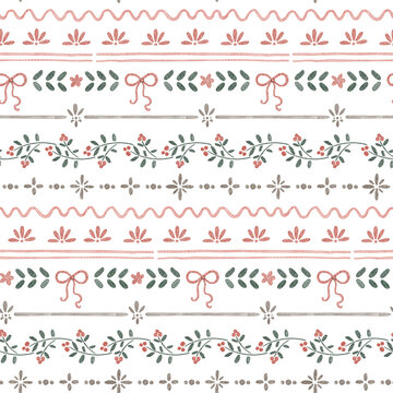 Watercolor ornamental seamless pattern. Geometric holiday festive vintage background in folk style with berris, bows