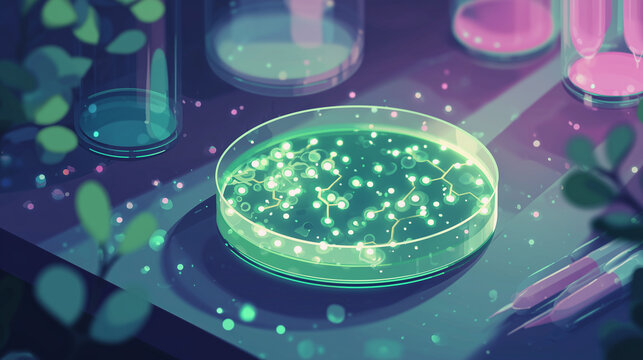 glowing petri dish with microorganisms &mdash; digital sci-fi illustration of laboratory experiment concept with test tubes and vials on a dark background, ideal for technology, biology, or innovation
