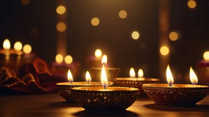 Golden Diwali Diya Lamps with Glowing Mystical Lighting V4