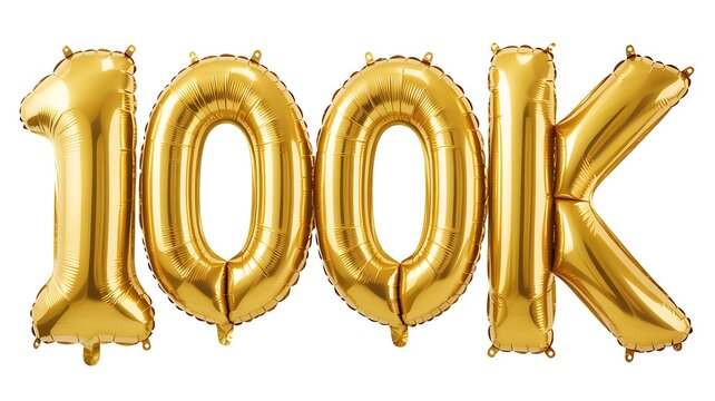 Shiny gold foil balloons shape 100k celebrating a major milestone and success