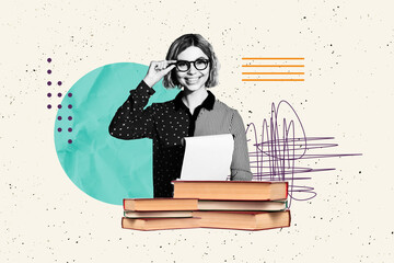 Composite image 3d trendy artwork collage of happy girl read book encyclopedia education bookworm...