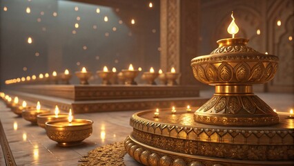 Golden Diwali Diya Lamps with Glowing Mystical Lighting V7