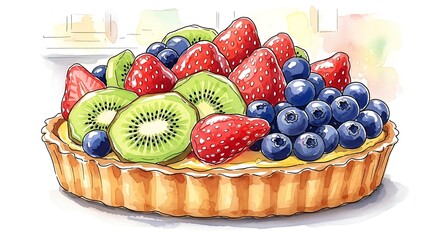 Delicious Fruit Tart with Strawberries, Blueberries, and Kiwi Slices.