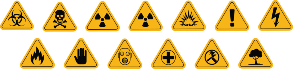 Hazard warning sign set, safety symbol collection, toxic flammable biohazard icons, industrial danger visuals, black on yellow triangle, workplace alert design