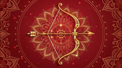 Intricate Golden Bow and Arrow on Red Mandala Background V3