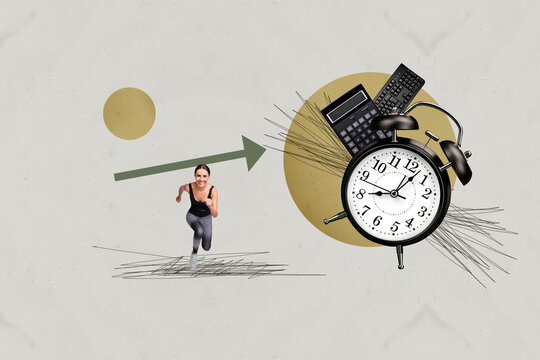 Collage of cheerful business person standing on clock symbolizing business growth timing progress visualization