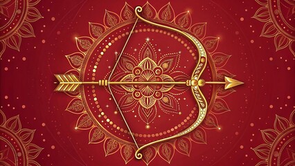 Intricate Golden Bow and Arrow on Red Mandala Background V5