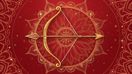 Intricate Golden Bow and Arrow on Red Mandala Background V4
