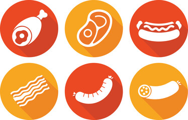 Meat product icons, cartoon style, ham leg, steak illustration, bacon strips, sausage link, salami slice, hot dog, food symbols, flat design