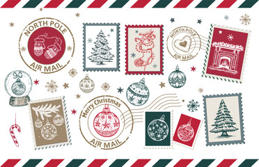 Naklejka na ściany i meble Christmas Stamps, mail, postcard hand drawn illustrations on white. Naklejka na ściany i meble Christmas Stamps, mail, postcard hand drawn illustrations on white.