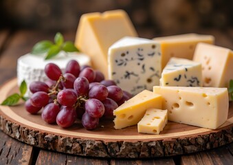 Assorted cheeses and red grapes on rustic wooden board with fresh greens