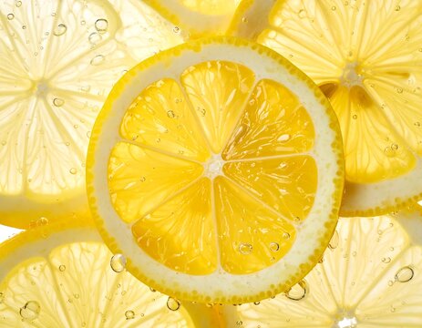 Close-up of translucent lemon slices with tiny bubbles around