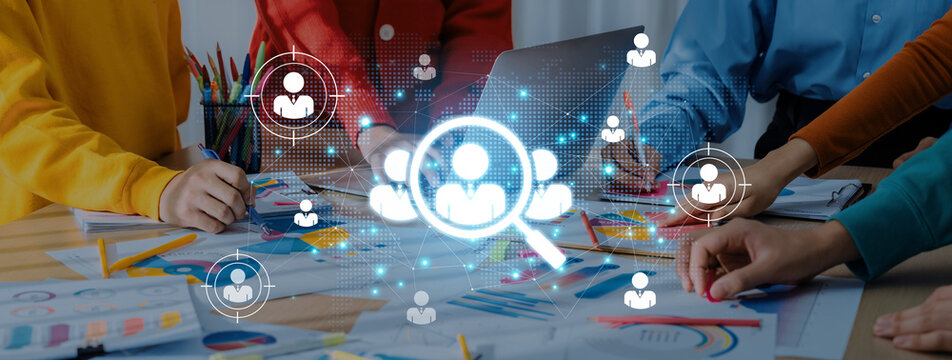 Concept of global talent acquisition and human resources. The process of headhunting and searching for qualified candidates worldwide to build a professional corporate workforce. Fermion