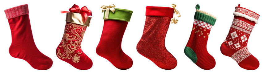 PNG Festive red Christmas stockings collection, element set on transparent background