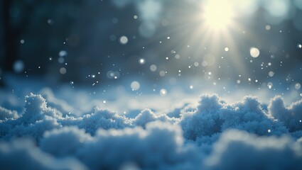 Sparkling frost-covered landscape with sunlight filtering through in a serene winter scene