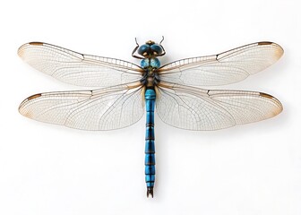 Close up macro view of a blue dragonfly with transparent wings and intricate vein patterns on a white background