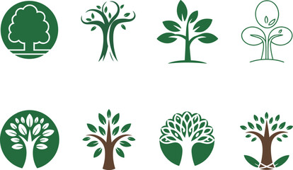 Stylized tree logo set, green nature icons, abstract botanical designs, eco-friendly branding elements, organic product visuals, vector foliage grid