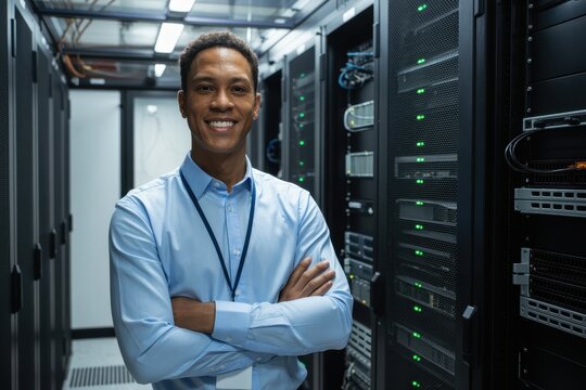 A smiling man with arms crossed stands in a server room with rows of server racks behind him