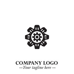 Classic Gear Logo Symbol Black and White Illustration with Modern Industrial Minimal Design
